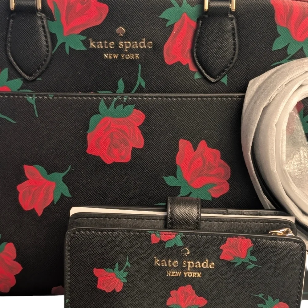 KATE SPADE ♠️ SET Madison Rose Toss Printed Medium Satchel & bi-fold wallet